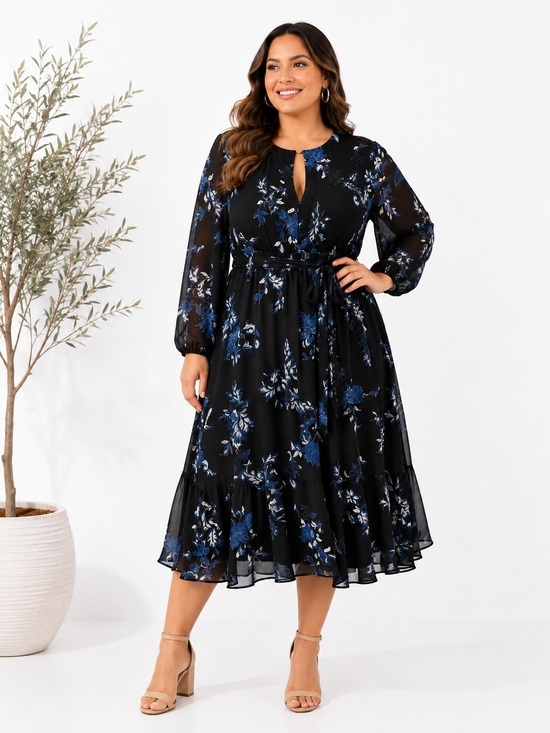 Lane Bryant Dresses & Skirts - Lane Bryant Black Floral Midi Dress with Blue Accents